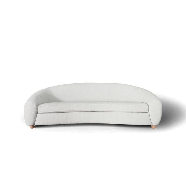 Charlotte Curved Sofa 94.5", shown in ivory and off-white with bouclé fabric, wood, and curved seating footprint.