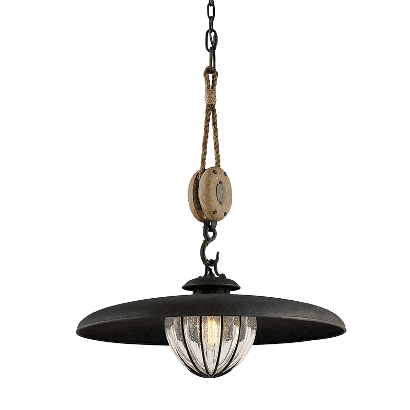 Murphy 1Lt Pendant With Shade Medium Vintage Iron W/ Manila Rope And Rustic Wood-Troy Lighting-TROY-F4906-Pendants-1-France and Son