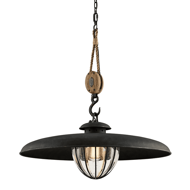 Murphy 1Lt Pendant With Shade Large Vintage Iron W/ Manila Rope And Rustic Wood-Troy Lighting-TROY-F4907-Pendants-1-France and Son