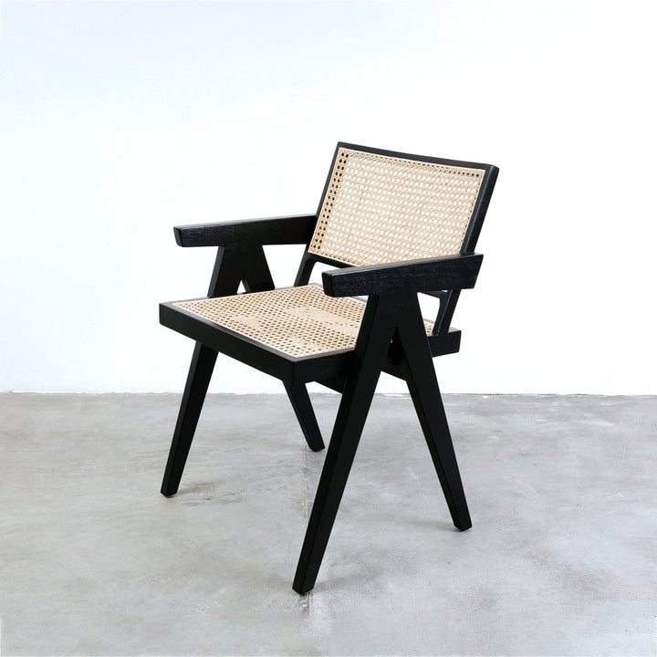 Pierre Jeanneret Hand Caned Armchair - Black-France & Son-FL1316BLK-Dining Chairs-13-France and Son