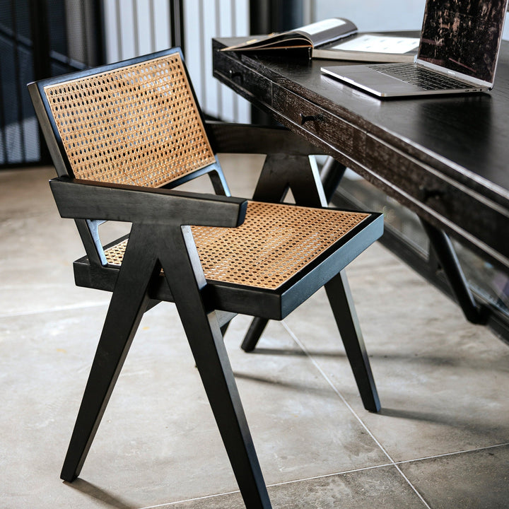 Pierre Jeanneret Hand Caned Armchair - Black-France & Son-FL1316BLK-Dining Chairs-3-France and Son