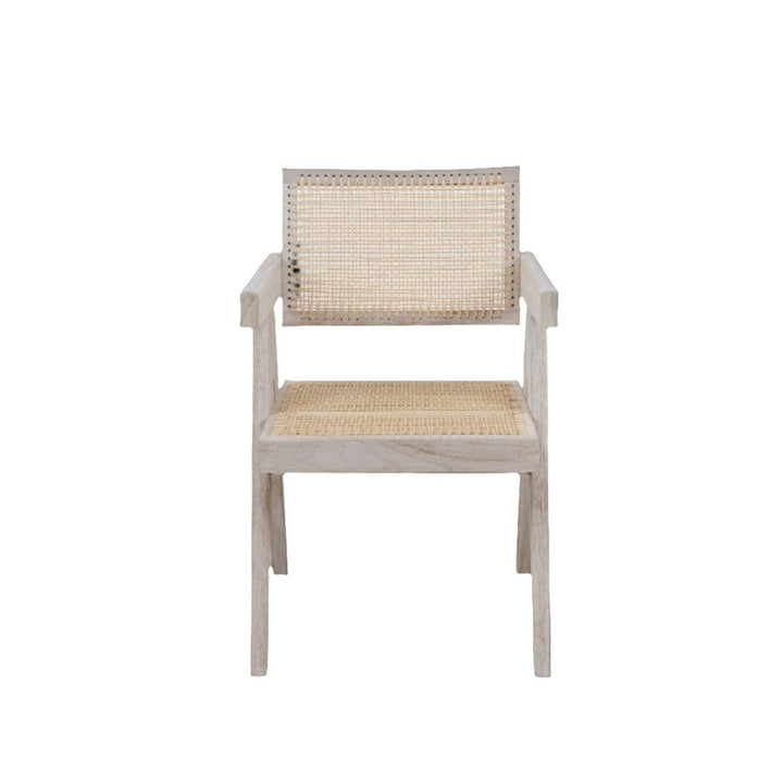 Jeanneret Armchair, shown in weathered light grey and natural cane beige with solid wood, cane webbing, and fixed arms.