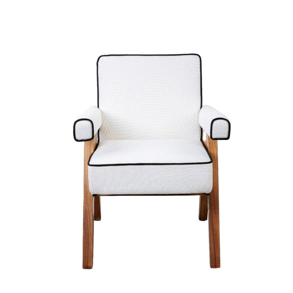 Jeanneret Advocate Accent Armchair with Piped Upholstery with textured woven fabric, solid wood, and fixed upholstered arms.