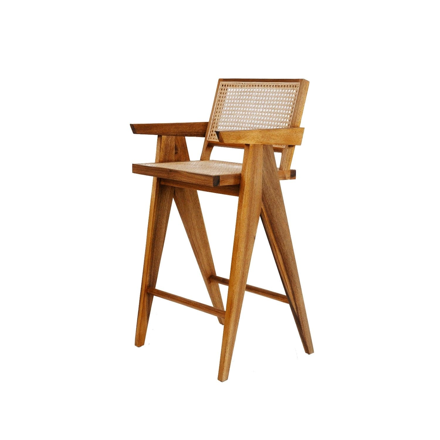 Jeanneret Barstool With Arms Hand Caned Seat and Back