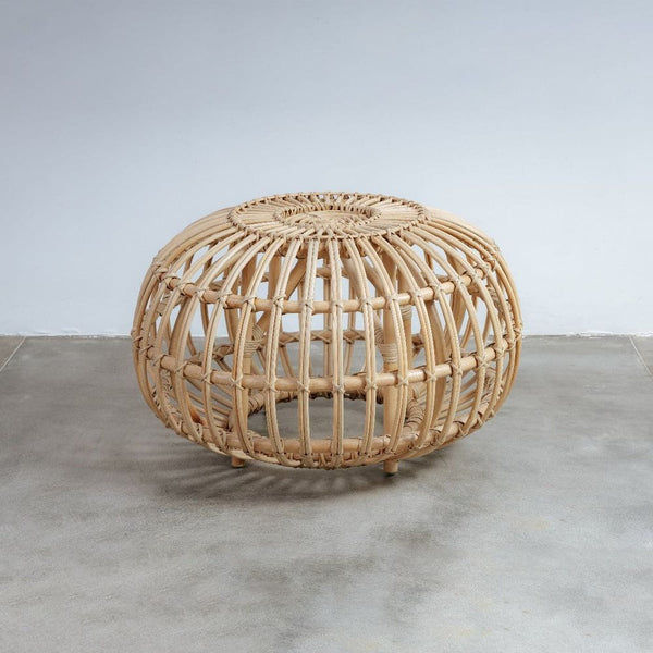 Albini Rattan Round Table Ottoman, shown in natural tan and light beige with rattan and cane.