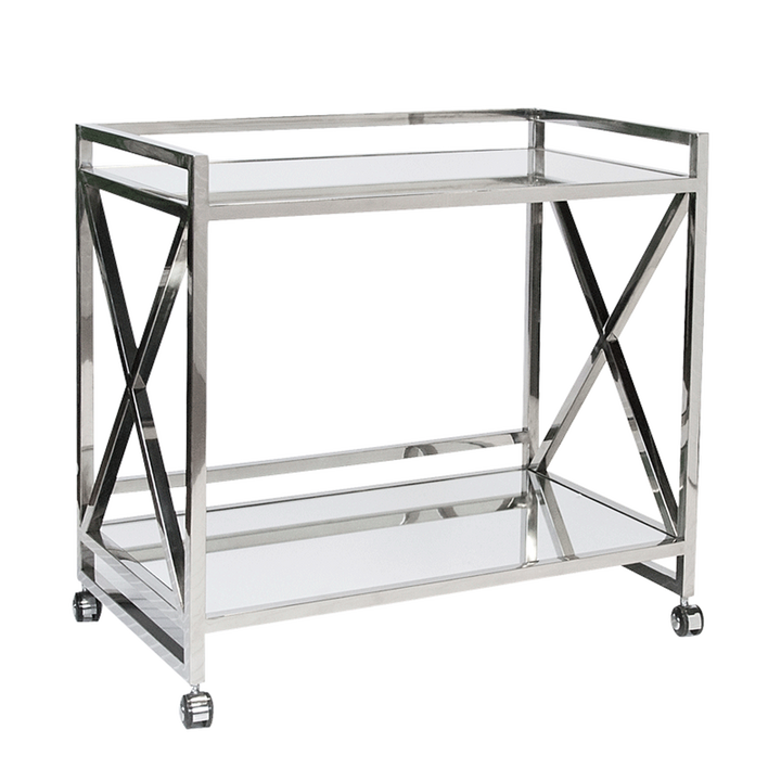 Gerard "X" Bar Cart With Mirrored Shelves-Worlds Away-WORLD-GERARD SS-Bar StoragePOLISHED STAINLESS-5-France and Son