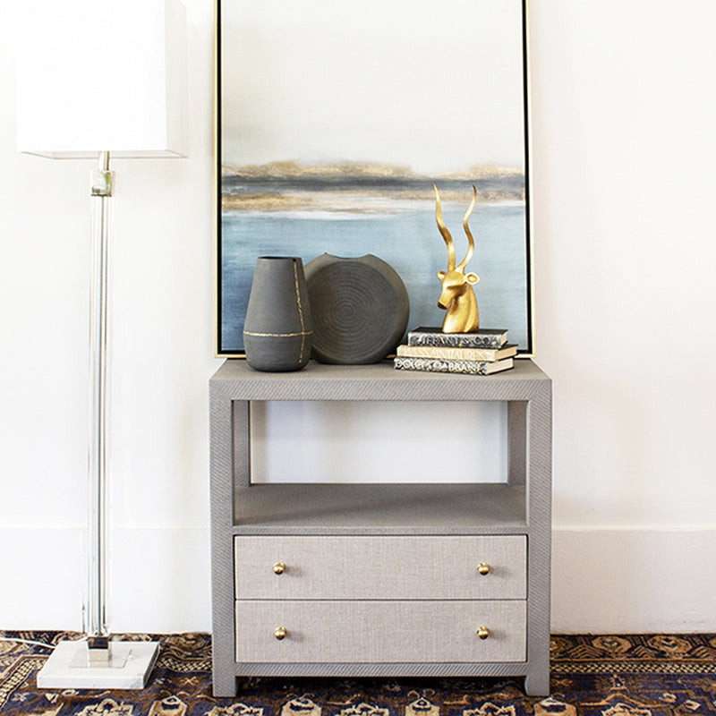 Hattie 2 Drawer Side Table with Brass Hardware-Worlds Away-WORLD-HATTIE GRY-Side TablesGrey Grasscloth-5-France and Son