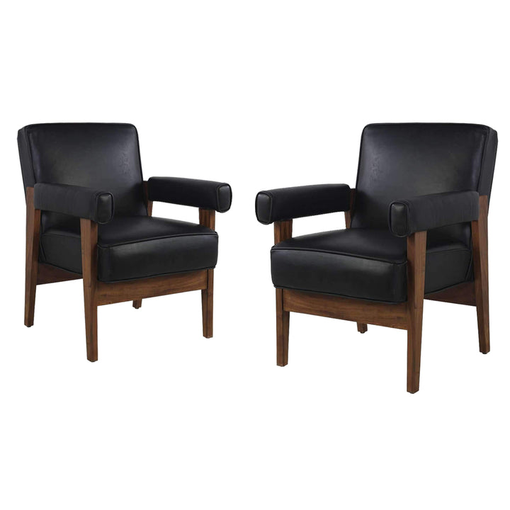 Pierre Jeanneret Advocate Accent Chair in Black Leather-France & Son-FL1323BLK-2pc-Lounge ChairsSet of 2-6-France and Son