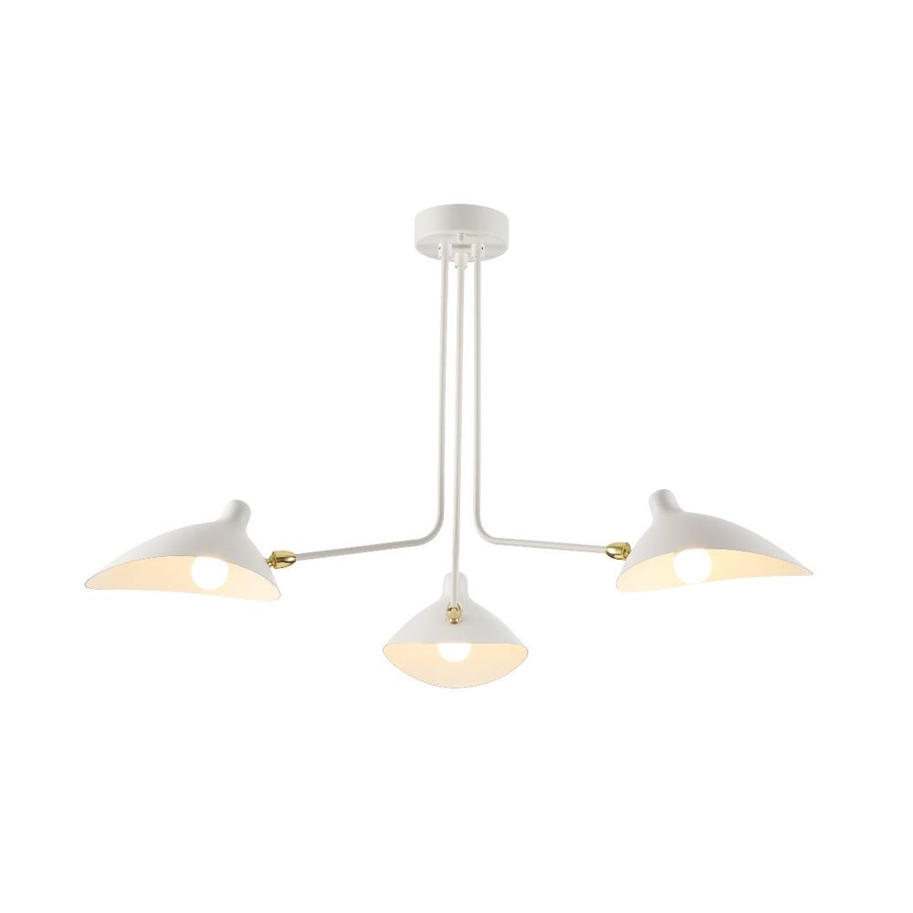 Three-Arm Mouille Ceiling Lamp, shown in white with metal, brass, and a ceiling canopy mount.