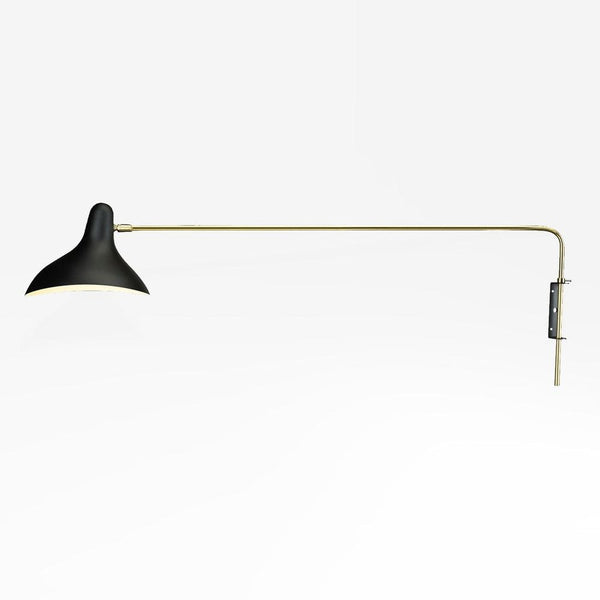 Mid Century Mantis Long Rotating Wall Sconce, shown in black and brass/gold with metal and wall-mounting hardware.