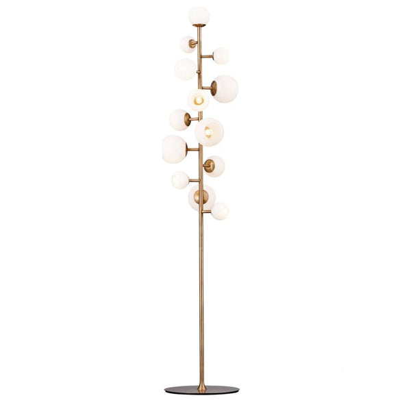 Vaccinium Branching Globe Floor Lamp, shown in brass gold and warm white with metal and glass.