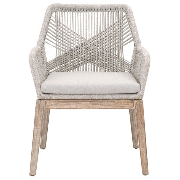 Loom Arm Chair, Set of 2, shown in light gray and warm beige with woven rope cord, upholstery fabric, and fixed wrapped arms.