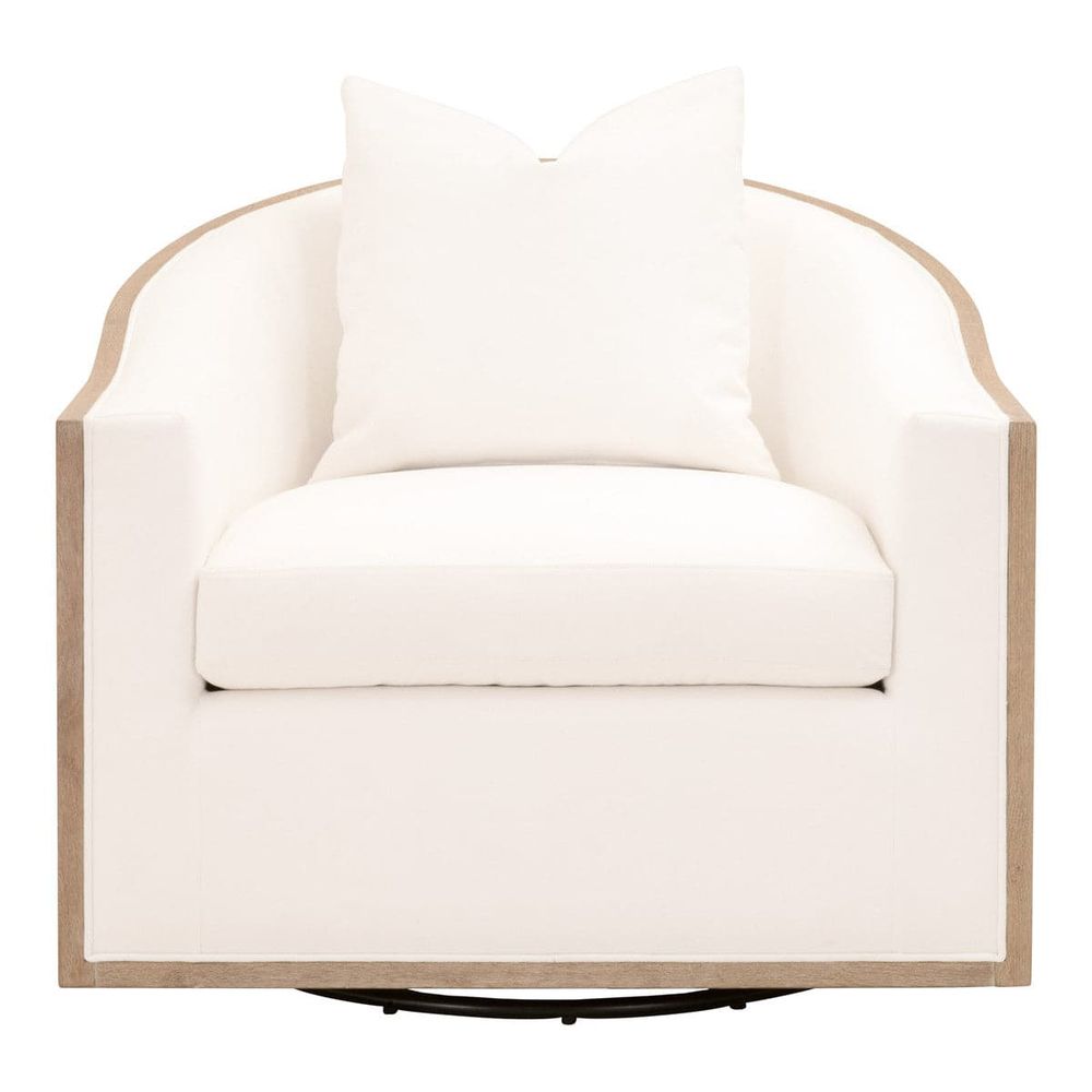 Paxton Swivel Club Chair, shown in ivory white and light natural wood with fabric, wood, and a swivel base.