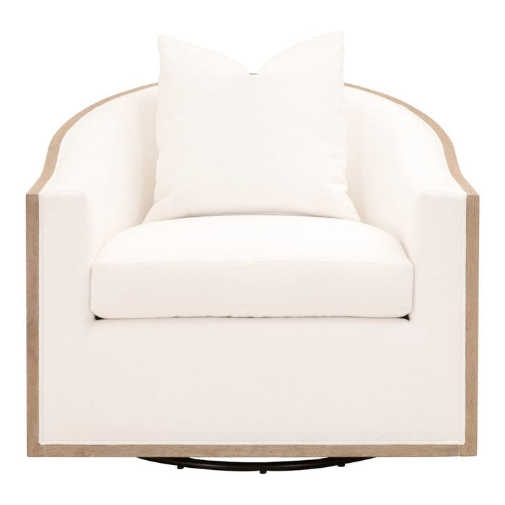 Paxton Swivel Club Chair, shown in ivory white and light natural wood with fabric, wood, and a swivel base.