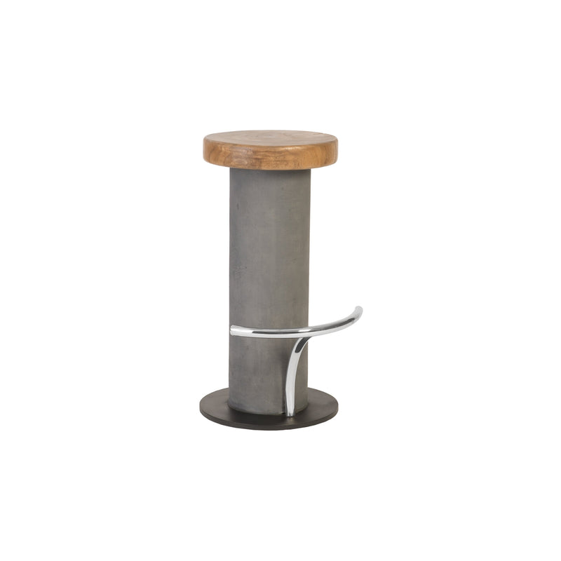 Concrete Bar Stool, Chamcha Wood Top, Stainless Steel Footrest-Phillips Collection-PHIL-TH78368-Bar Stools-1-France and Son