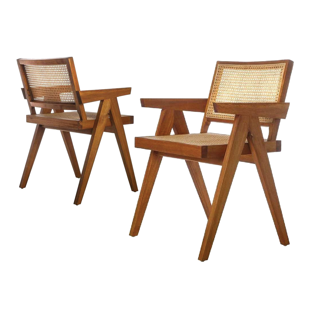 Mid Century Hand Cane Jeanneret Armchair Set-France & Son-FL1316NTRL-2pc-Dining ChairsSet of 2-1-France and Son