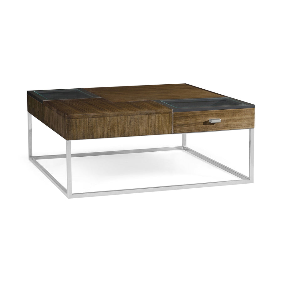 Square Autumn Walnut Coffee Table with Two Glass Top Drawers-Jonathan Charles-JCHARLES-500179-WAT-Coffee Tables-1-France and Son