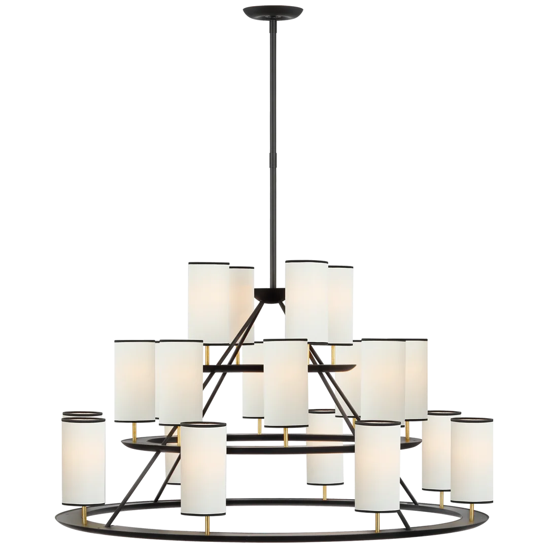 Trevor XL 3-Tier Chandelier-Visual Comfort-VISUAL-ARN 5285BLK/G-L/BT-ChandeliersMatte Black and Gild/Linen Shades with Black Tape-3-Tier-4-France and Son