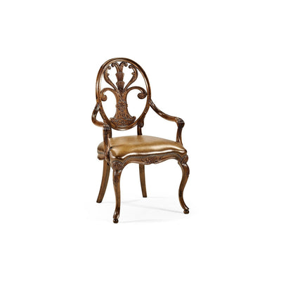 Sheraton Style Oval Back Arm Chair-Jonathan Charles-JCHARLES-494941-AC-WAL-L002-Dining ChairsWalnut & Medium Antique Chestnut Leather-6-France and Son