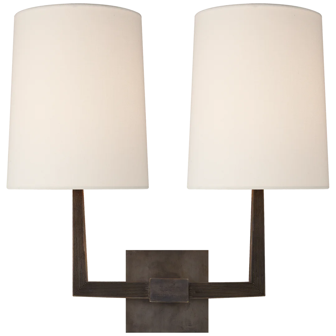 Olla Large Double Sconce-Visual Comfort-VISUAL-BBL 2084BZ-L-Wall LightingBronze-Linen Shade-1-France and Son