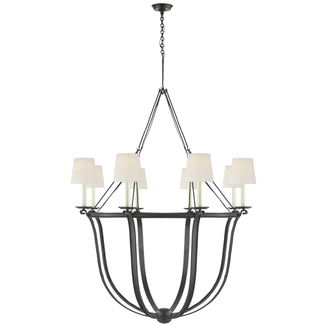 Lancashire Chandelier-Visual Comfort-VISUAL-CHC 1577AI-L-ChandeliersAged Iron-Linen Shades-1-France and Son