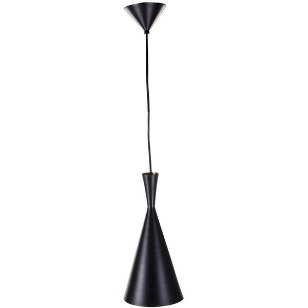 Beat Light Tall Cone Pedant, shown in black with metal and a ceiling canopy mount.