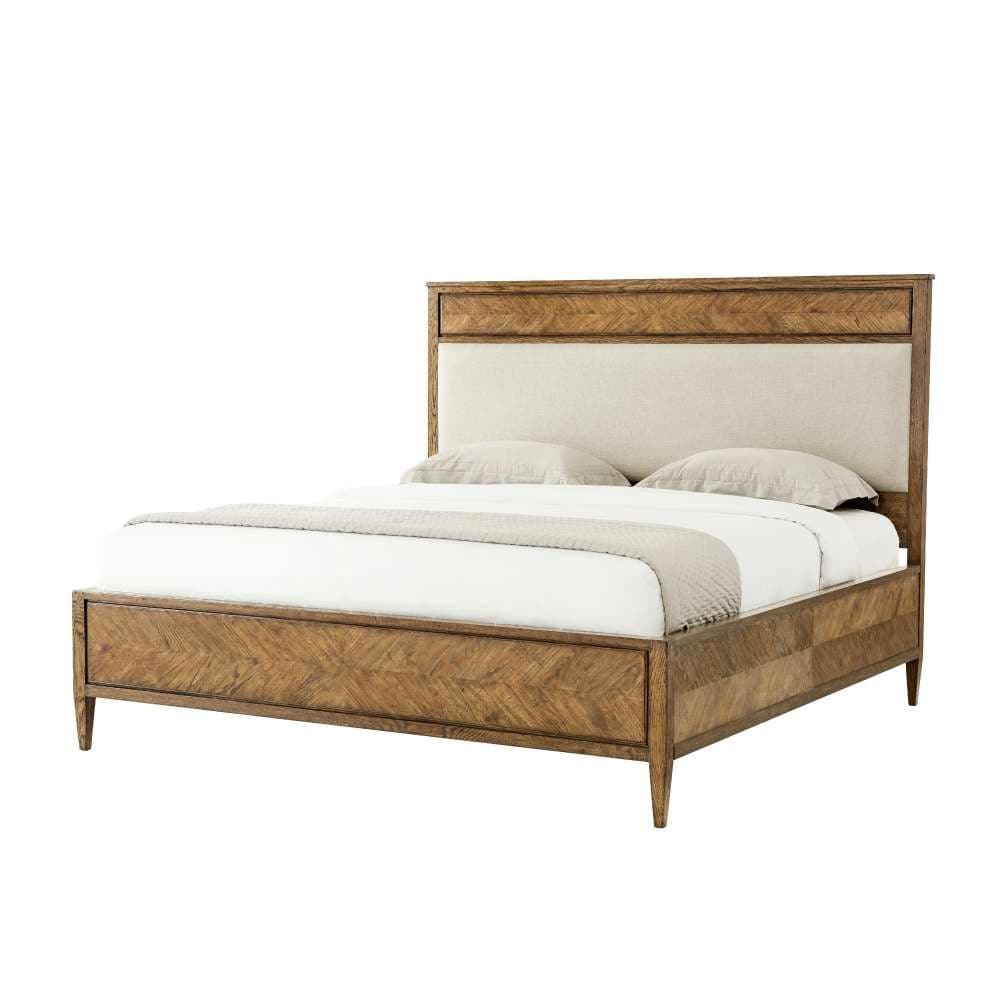 Nova California King Bed II, shown in warm medium brown and beige with wood, fabric, and upholstered headboard panel.
