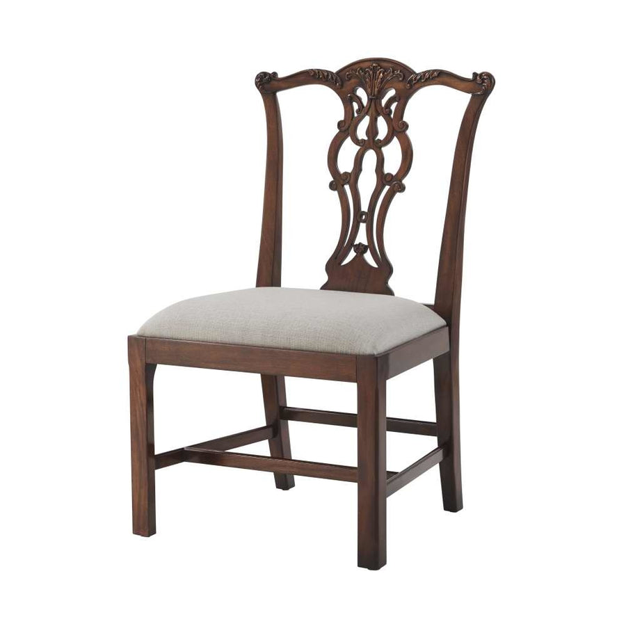 Alternate view of Penreath Chair, featuring hand-carved finish, mahogany, upholstery fabric, and armless.