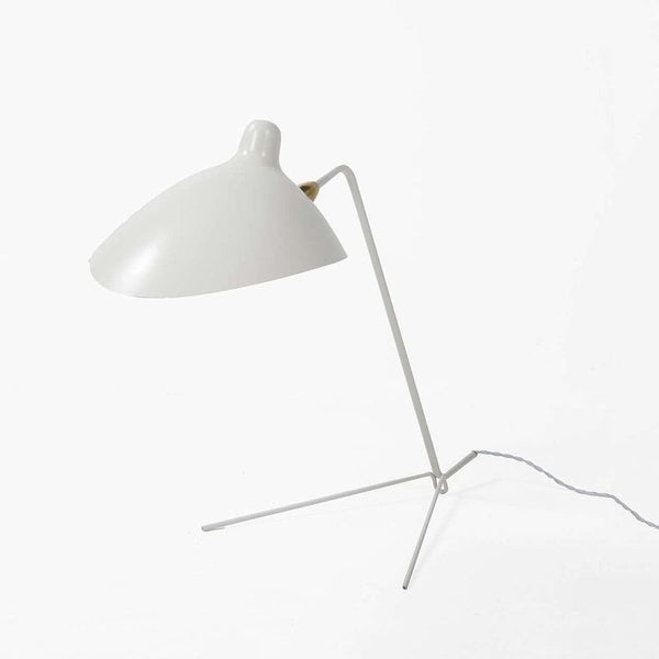Mouille Table Lamp, shown in white with metal, brass, and a angled directional shade.
