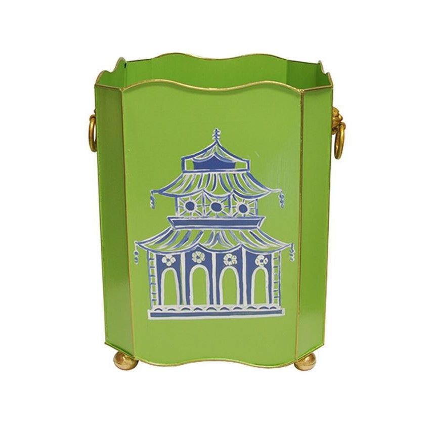 Pagoda Ring Pull Wastebasket-Worlds Away-WORLD-WBLIONSQ PAGGR-Baskets & BoxesGreen-1-France and Son