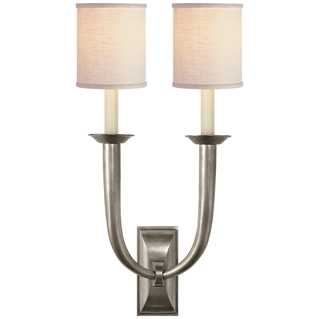 Frenchy Deco Horn Double Sconce-Visual Comfort-VISUAL-S 2021AN-L-Wall LightingAntique Nickel-Linen Shades-1-France and Son