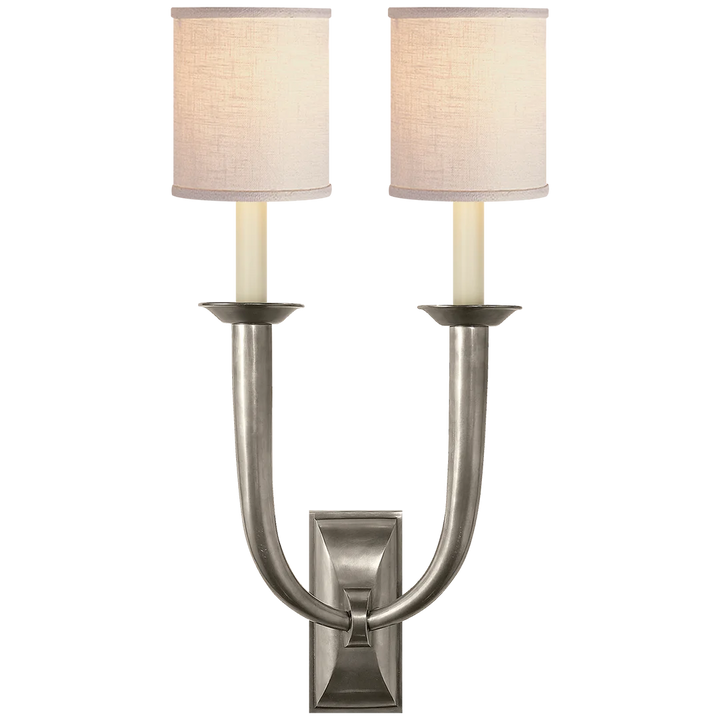 Frenchy Deco Horn Double Sconce-Visual Comfort-VISUAL-S 2021AN-L-Wall LightingAntique Nickel-Linen Shades-1-France and Son