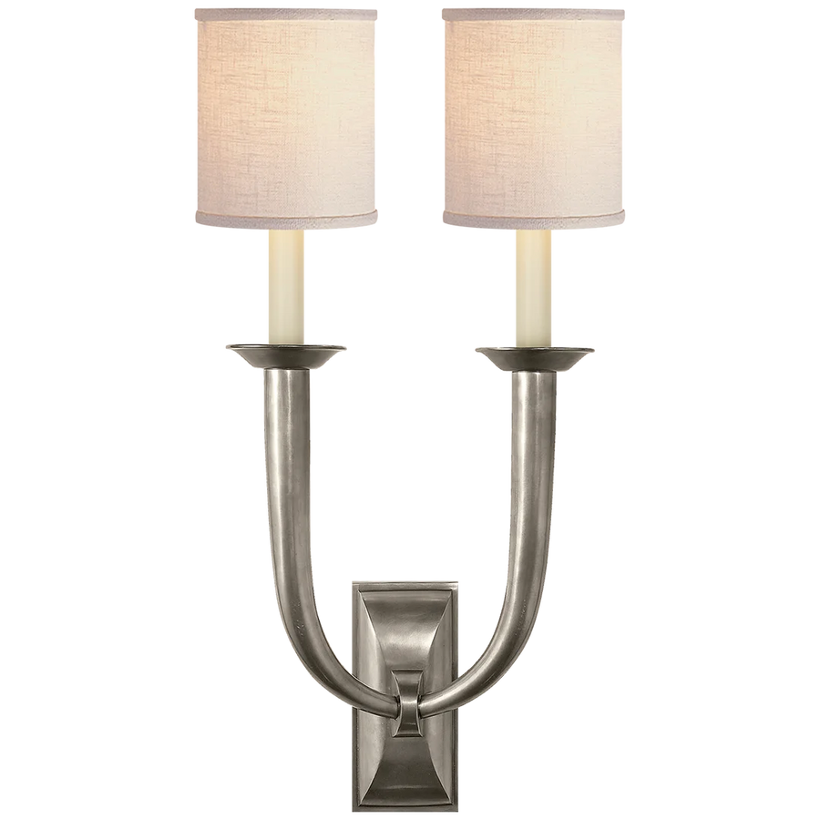 Frenchy Deco Horn Double Sconce-Visual Comfort-VISUAL-S 2021AN-L-Wall LightingAntique Nickel-Linen Shades-1-France and Son