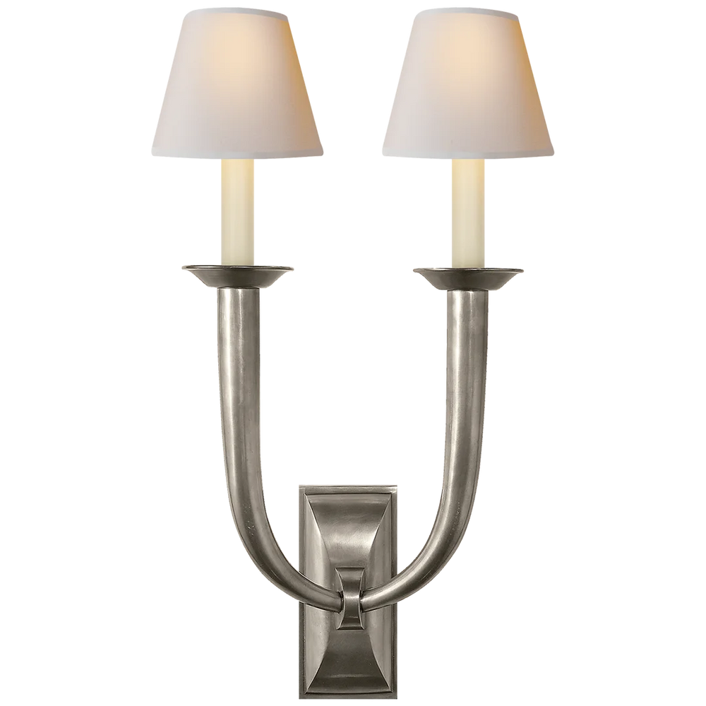 Frenchy Deco Horn Double Sconce-Visual Comfort-VISUAL-S 2021AN-NP-Wall LightingAntique Nickel-Natural Paper Shades-2-France and Son