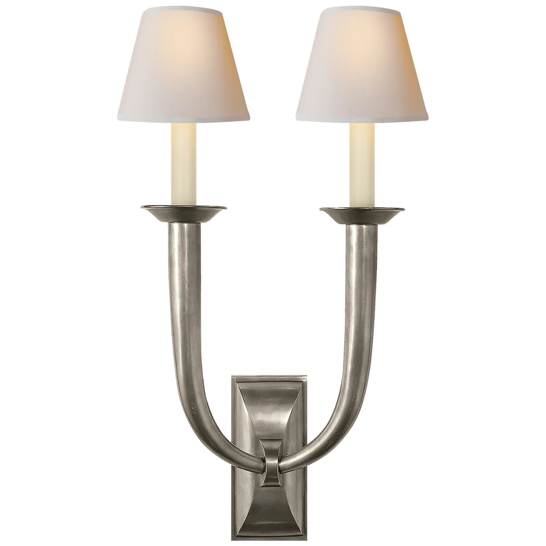 Frenchy Deco Horn Double Sconce-Visual Comfort-VISUAL-S 2021AN-NP-Wall LightingAntique Nickel-Natural Paper Shades-2-France and Son