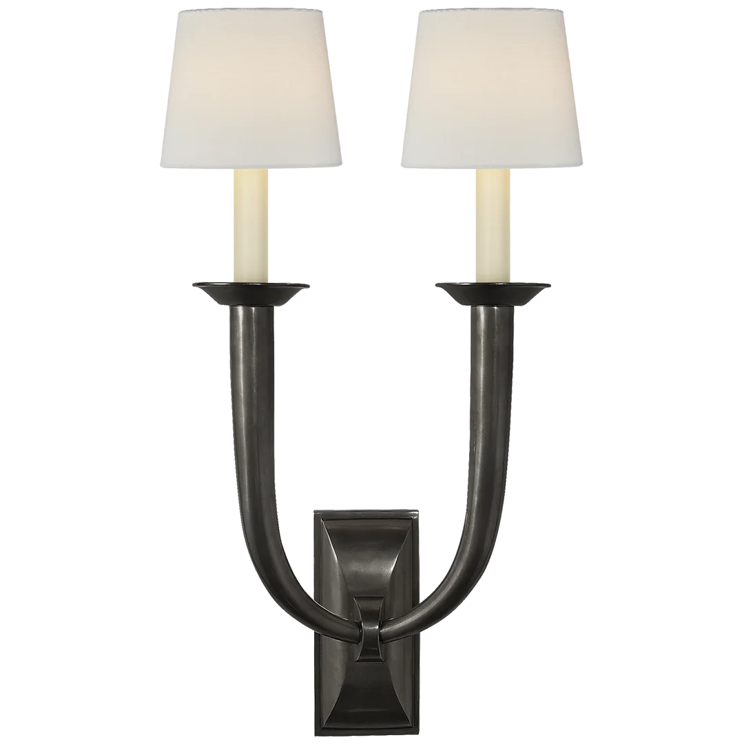 Frenchy Deco Horn Double Sconce-Visual Comfort-VISUAL-S 2021BZ-L-Wall LightingBronze-Linen Shades-3-France and Son