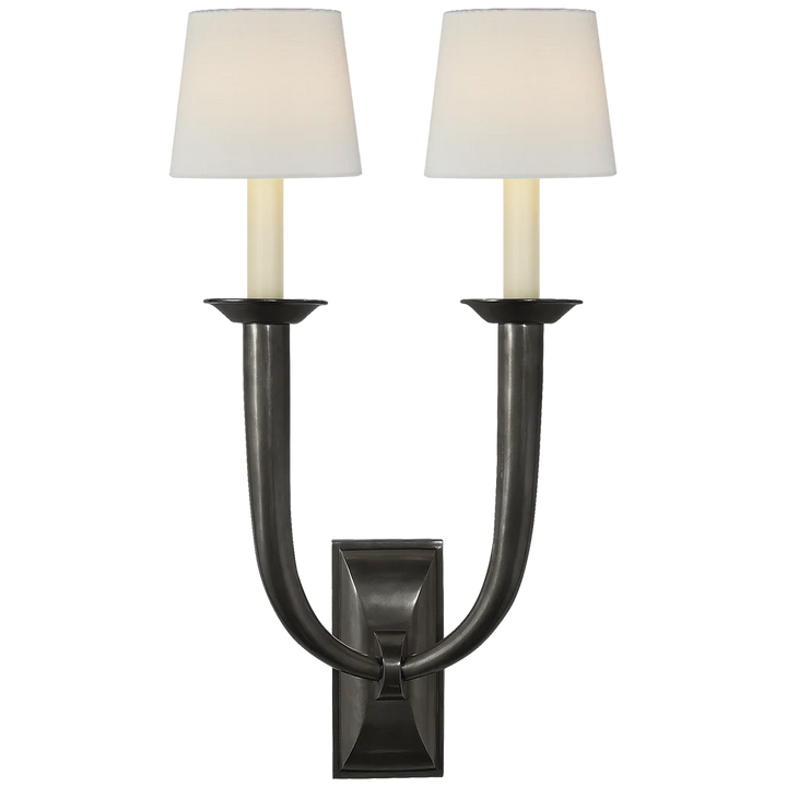 Frenchy Deco Horn Double Sconce-Visual Comfort-VISUAL-S 2021BZ-L-Wall LightingBronze-Linen Shades-3-France and Son