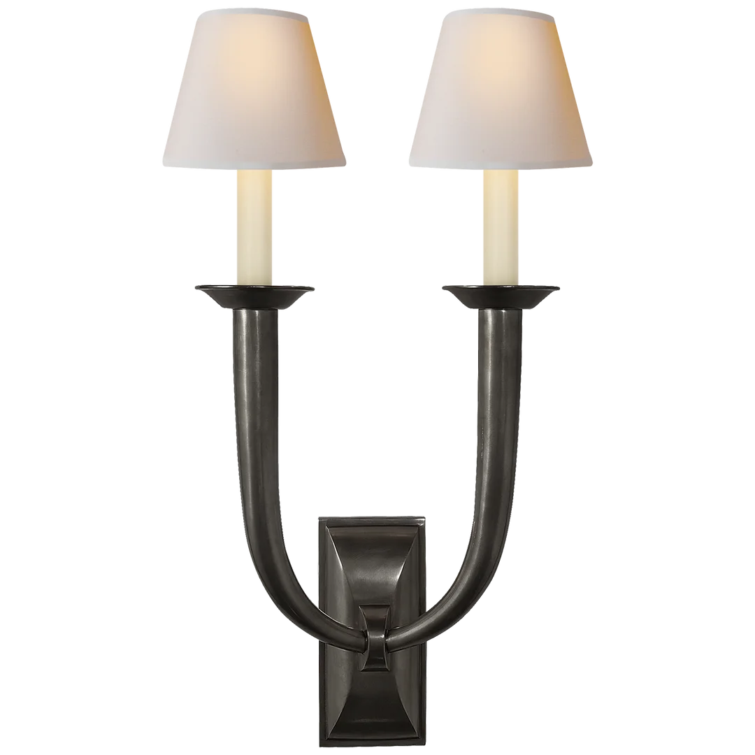 Frenchy Deco Horn Double Sconce-Visual Comfort-VISUAL-S 2021BZ-NP-Wall LightingBronze-Natural Paper Shades-4-France and Son