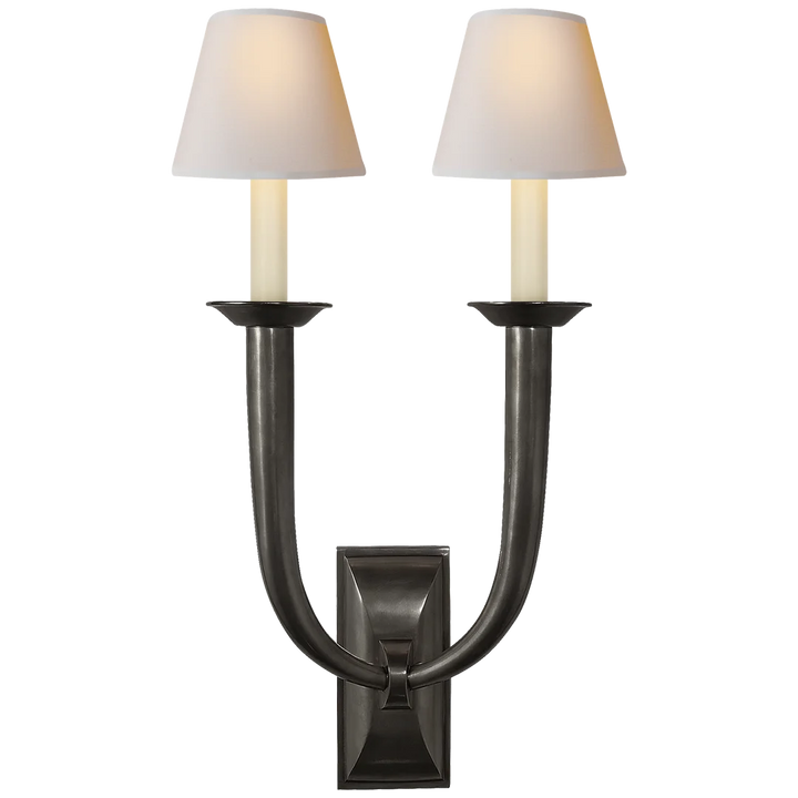 Frenchy Deco Horn Double Sconce-Visual Comfort-VISUAL-S 2021BZ-NP-Wall LightingBronze-Natural Paper Shades-4-France and Son