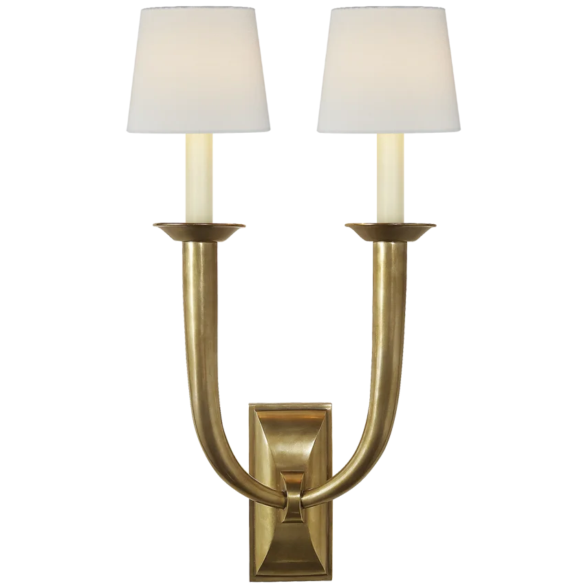 Frenchy Deco Horn Double Sconce-Visual Comfort-VISUAL-S 2021HAB-L-Wall LightingHand-Rubbed Antique Brass-Linen Shades-5-France and Son