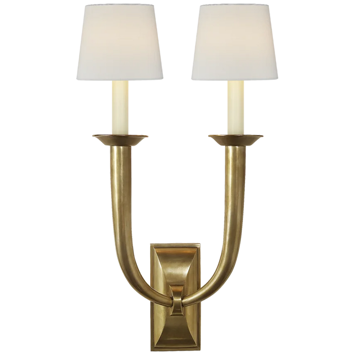 Frenchy Deco Horn Double Sconce-Visual Comfort-VISUAL-S 2021HAB-L-Wall LightingHand-Rubbed Antique Brass-Linen Shades-5-France and Son