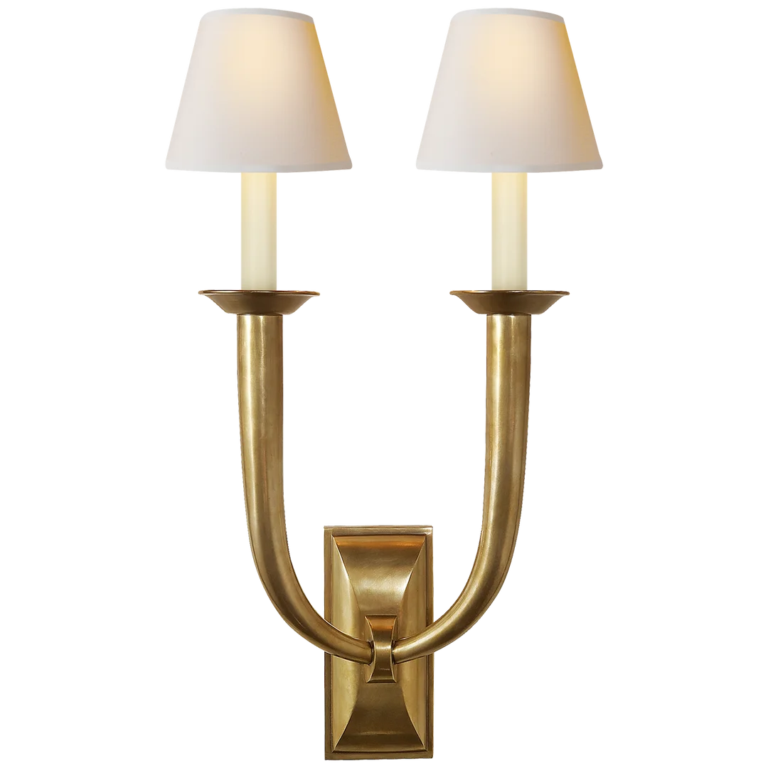 Frenchy Deco Horn Double Sconce-Visual Comfort-VISUAL-S 2021HAB-NP-Wall LightingHand-Rubbed Antique Brass-Natural Paper Shades-6-France and Son