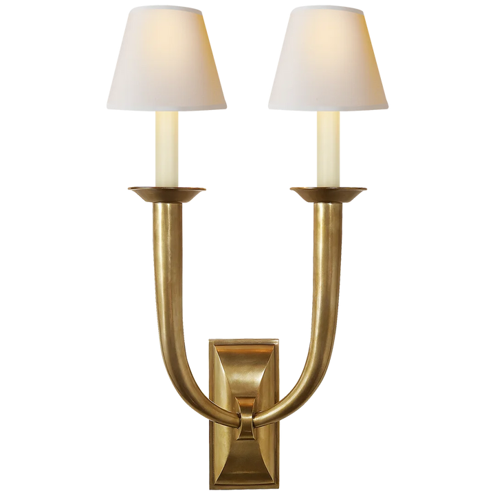 Frenchy Deco Horn Double Sconce-Visual Comfort-VISUAL-S 2021HAB-NP-Wall LightingHand-Rubbed Antique Brass-Natural Paper Shades-6-France and Son