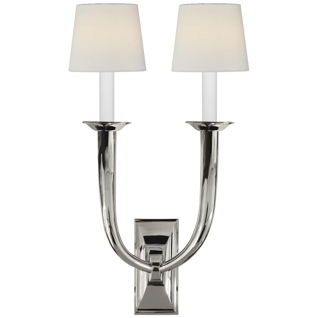 Frenchy Deco Horn Double Sconce-Visual Comfort-VISUAL-S 2021PN-L-Wall LightingPolished Nickel-Linen Shades-7-France and Son