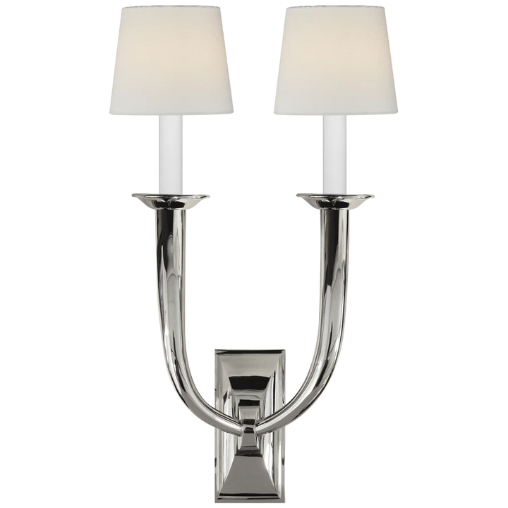 Frenchy Deco Horn Double Sconce-Visual Comfort-VISUAL-S 2021PN-L-Wall LightingPolished Nickel-Linen Shades-7-France and Son