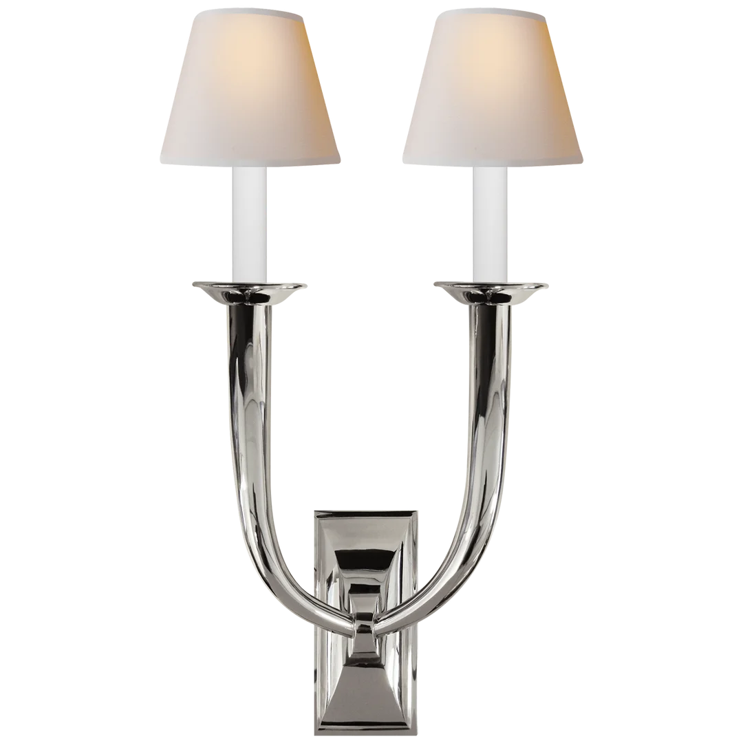 Frenchy Deco Horn Double Sconce-Visual Comfort-VISUAL-S 2021PN-NP-Wall LightingPolished Nickel-Natural Paper Shades-8-France and Son