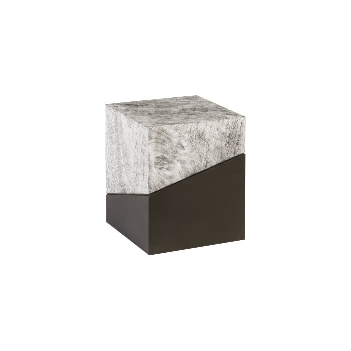 Alternate view of Hover Stool, featuring solid wood, painted wood or metal base, and fixed cubic seat form.