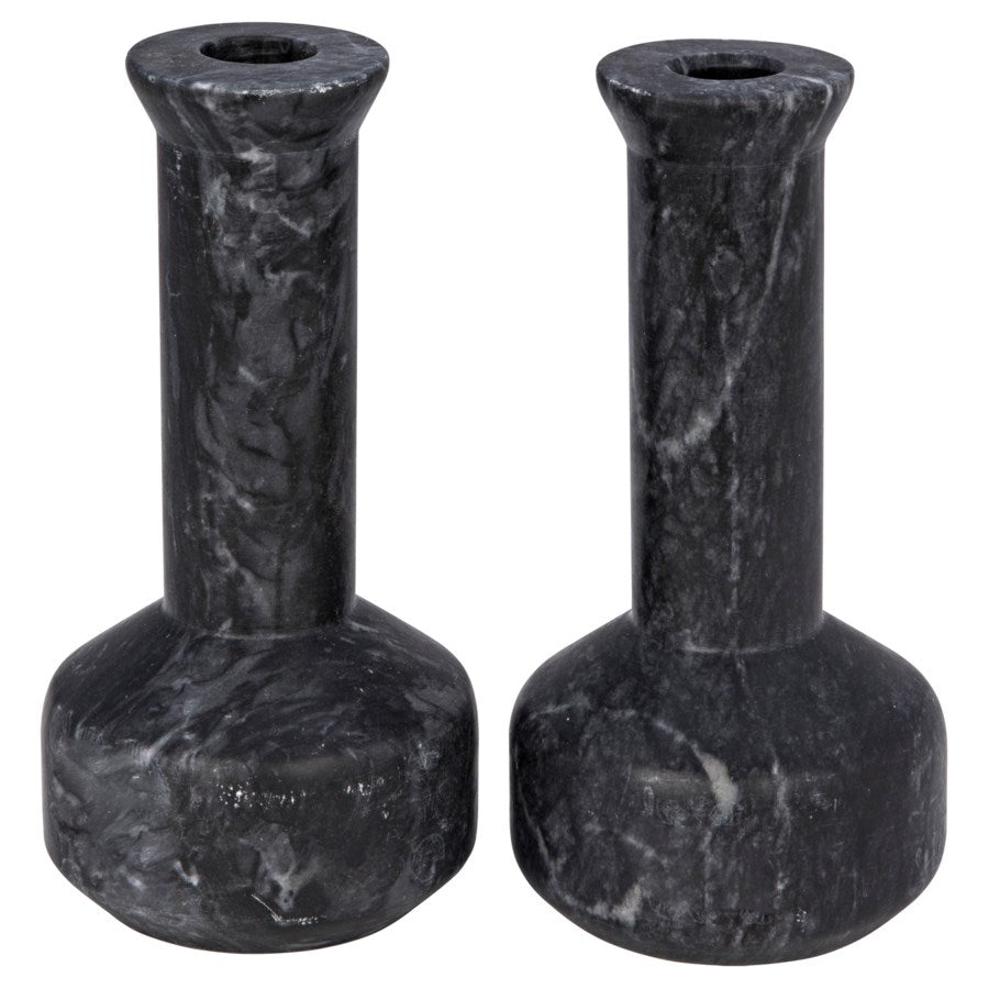 Milos Decorative Candle Holder, Set of 2, Black Marble