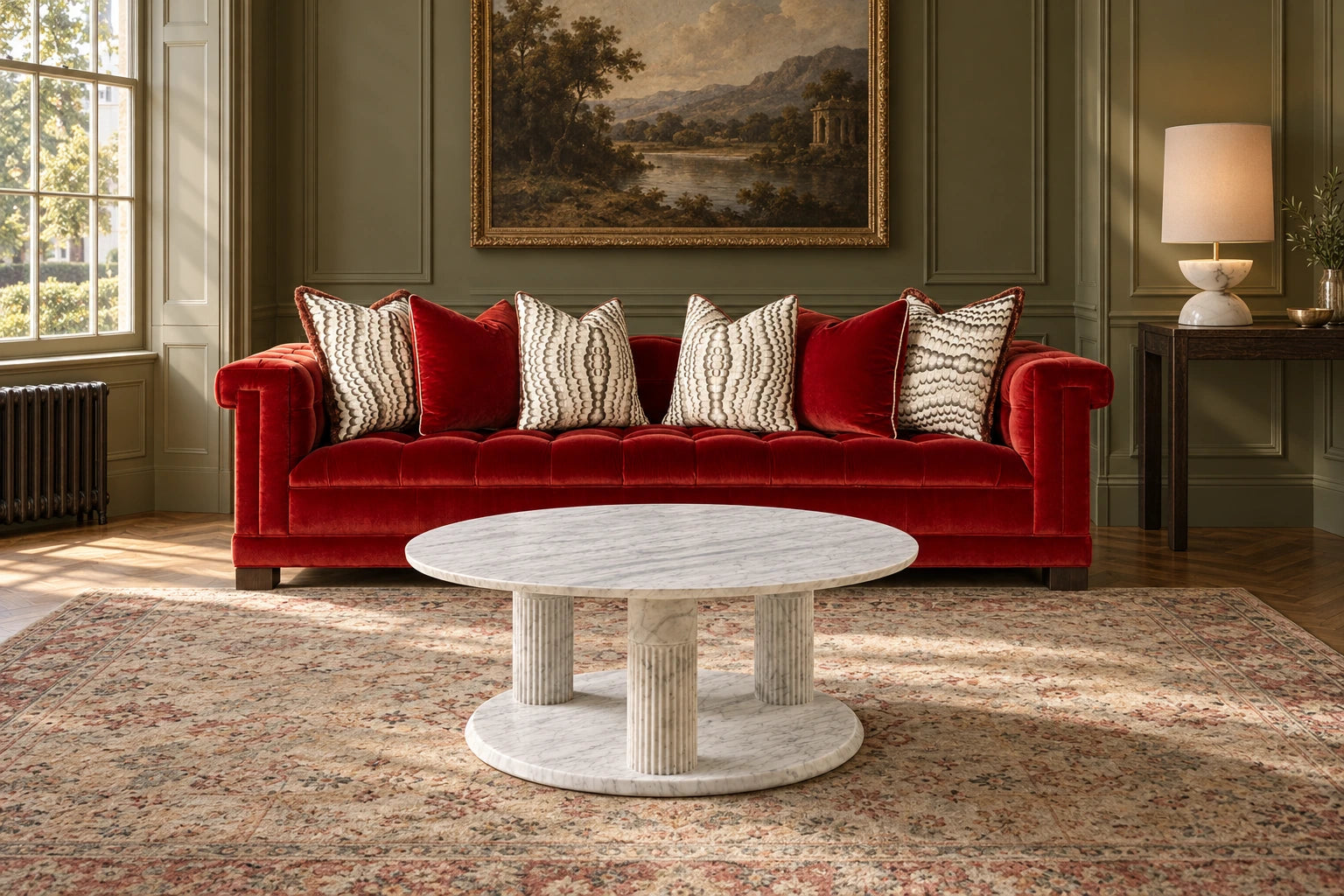 Theo Custom Ottavio Tufted Sofa - Red Velvet, Baker Athena Cocktail Table, Baker Obsidian Table Lamp