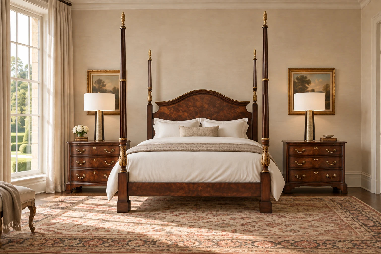 Althorp India Silk bed and bedside chests with Baker Cloak table lamps